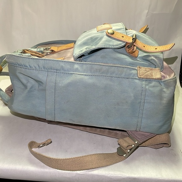 Doughnut Brand 14 inch Backpack, Blue & Purple with Tan Leather Straps - Picture 7 of 16